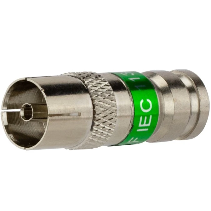 Gniazdo antenowe IEC TV kompresyjne zielone MASTER na przewód Triset‑113 TC6 Trishield 3SH75 RG6