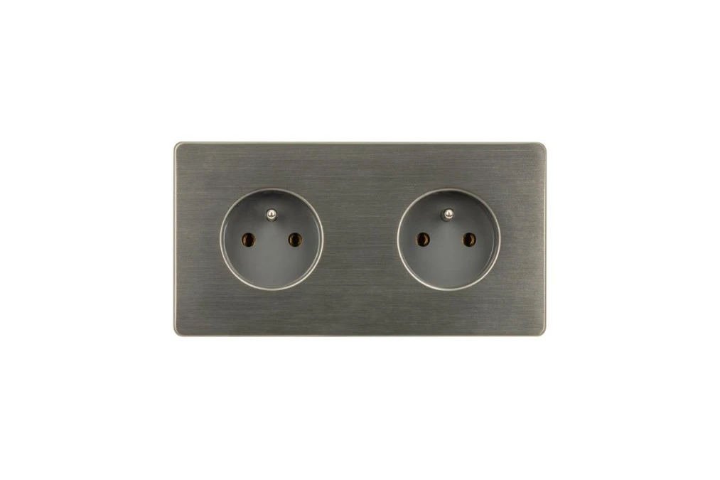Gniazdko elektryczne szare podwójne ramka stal szczotkowana PVD Gunmetal GN‑SNPG02S