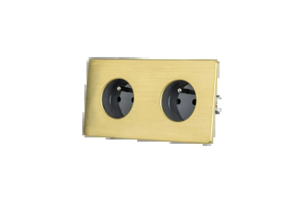Gniazdko elektryczne szare podwójne ramka stal szczotkowana PVD Brass GN‑SNPBR02S