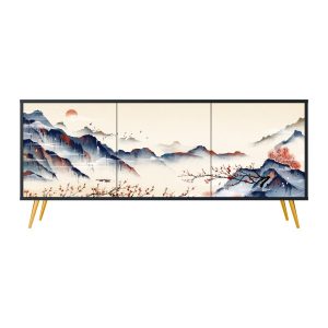 JAPANESE LANDSCAPE Komoda 3 drzwi Czarna-Metalowa szpilka złota 442369 JAPANESE LANDSCAPE Komoda 3 drzwi Czarna-Metalowa szpilka złota 442369