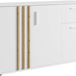 KONSIMO FERIO Komoda do salonu 120 cm styl modern biały z elementami dębu 757270 KONSIMO FERIO Komoda do salonu 120 cm styl modern biały z elementami dębu 757270