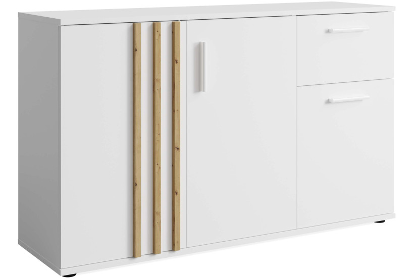 KONSIMO FERIO Komoda do salonu 120 cm styl modern biały z elementami dębu 757270