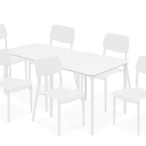 KONSIMO GALIO Komplet Stoły i krzesła dla 6 osób, na ogród/taras, białe 868778 KONSIMO GALIO Komplet Stoły i krzesła dla 6 osób, na ogród/taras, białe 868778