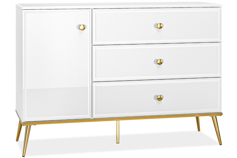 KONSIMO ISORIA Elegancka komoda 120 cm biały połysk, złote elementy glamour 757275