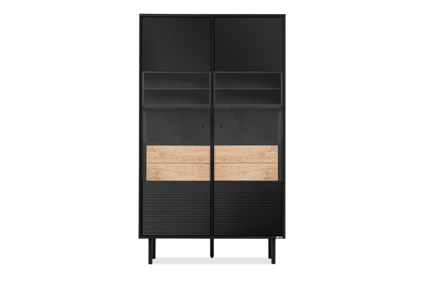 KONSIMO LOFTY Witryna w stylu loft z szufladami i czarnymi półkami 807452