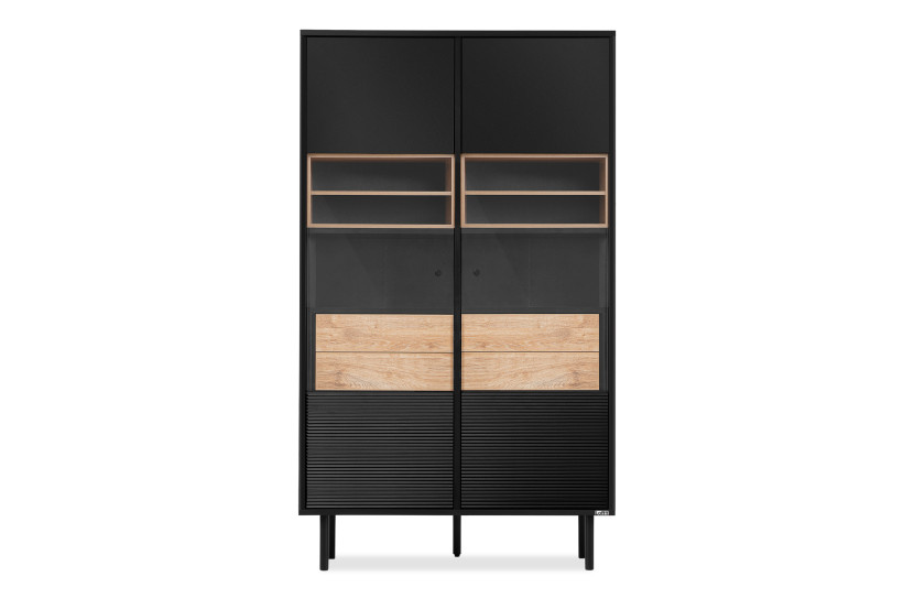 KONSIMO LOFTY Witryna w stylu loft z szufladami i dębowymi półkami 807441