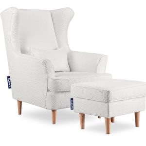 KONSIMO STRALIS Biały zestaw Fotel i Puf, tkanina boucle, baranek 863554 KONSIMO STRALIS Biały zestaw Fotel i Puf, tkanina boucle, baranek 863554