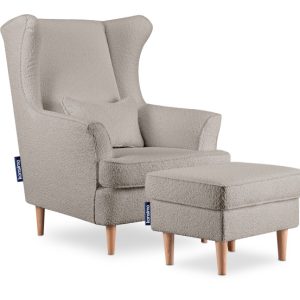 KONSIMO STRALIS Zestaw Fotel i Puf Hygge beżowy boucle z poduszką 862639 KONSIMO STRALIS Zestaw Fotel i Puf Hygge beżowy boucle z poduszką 862639