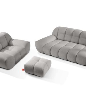 KONSIMO VENA Zestaw mebli sofa 2os. fotel i puf, japandi, tkanina boucle 792371 KONSIMO VENA Zestaw mebli sofa 2os. fotel i puf, japandi, tkanina boucle 792371
