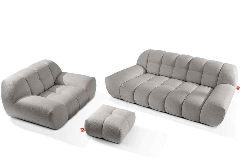 KONSIMO VENA Zestaw mebli sofa 2os. fotel i puf, japandi, tkanina boucle 792371