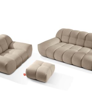 KONSIMO VENA Zestaw mebli sofa 2os. fotel i puf, japandi, tkanina boucle 792372 KONSIMO VENA Zestaw mebli sofa 2os. fotel i puf, japandi, tkanina boucle 792372