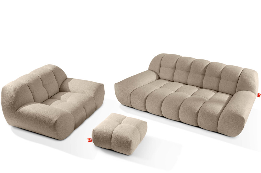 KONSIMO VENA Zestaw mebli sofa 2os. fotel i puf, japandi, tkanina boucle 792372