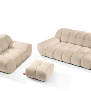 KONSIMO VENA Zestaw mebli sofa 2os. fotel i puf, japandi, tkanina boucle 792373 KONSIMO VENA Zestaw mebli sofa 2os. fotel i puf, japandi, tkanina boucle 792373