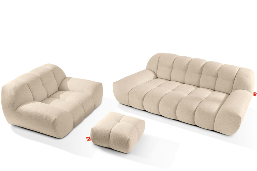 KONSIMO VENA Zestaw mebli sofa 2os. fotel i puf, japandi, tkanina boucle 792373