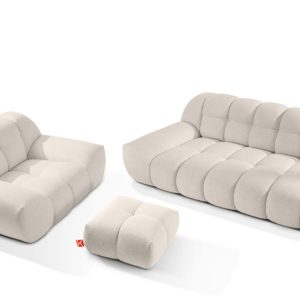 KONSIMO VENA Zestaw mebli sofa 2os. fotel i puf, japandi, tkanina boucle 792369 KONSIMO VENA Zestaw mebli sofa 2os. fotel i puf, japandi, tkanina boucle 792369