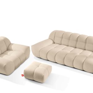 KONSIMO VENA Zestaw mebli sofa 3os. fotel i puf, japandi, tkanina boucle 792374 KONSIMO VENA Zestaw mebli sofa 3os. fotel i puf, japandi, tkanina boucle 792374