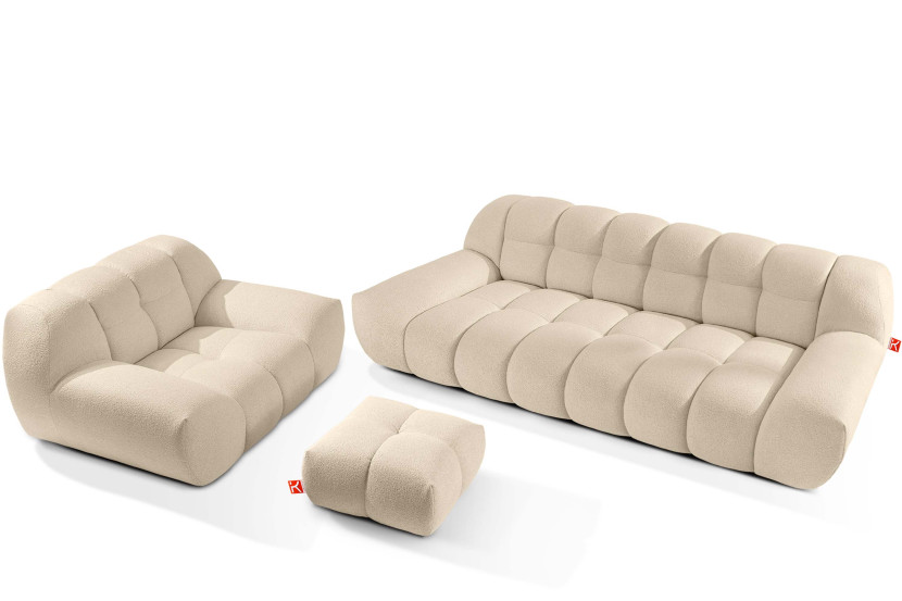 KONSIMO VENA Zestaw mebli sofa 3os. fotel i puf, japandi, tkanina boucle 792374