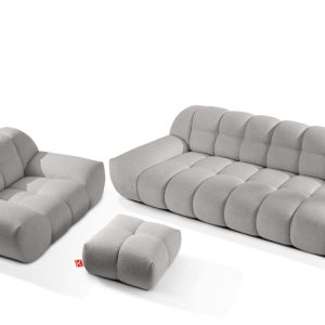 KONSIMO VENA Zestaw mebli sofa 3os. fotel i puf, japandi, tkanina boucle 792375 KONSIMO VENA Zestaw mebli sofa 3os. fotel i puf, japandi, tkanina boucle 792375