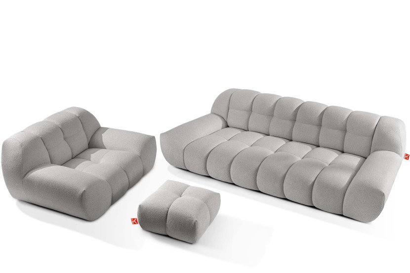 KONSIMO VENA Zestaw mebli sofa 3os. fotel i puf, japandi, tkanina boucle 792375