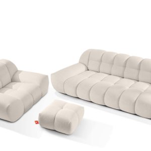 KONSIMO VENA Zestaw mebli sofa 3os. fotel i puf, japandi, tkanina boucle 792377 KONSIMO VENA Zestaw mebli sofa 3os. fotel i puf, japandi, tkanina boucle 792377