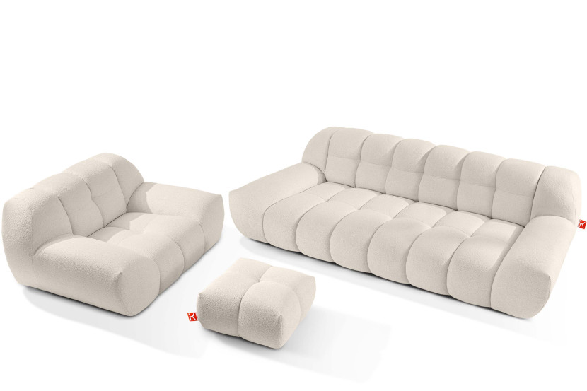 KONSIMO VENA Zestaw mebli sofa 3os. fotel i puf, japandi, tkanina boucle 792377