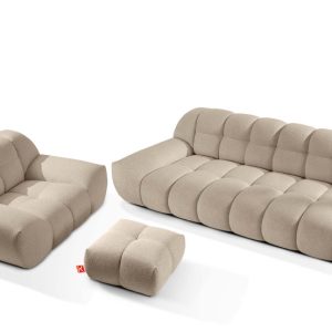 KONSIMO VENA Zestaw mebli sofa 3os. fotel i puf, japandi, tkanina boucle 792367 KONSIMO VENA Zestaw mebli sofa 3os. fotel i puf, japandi, tkanina boucle 792367