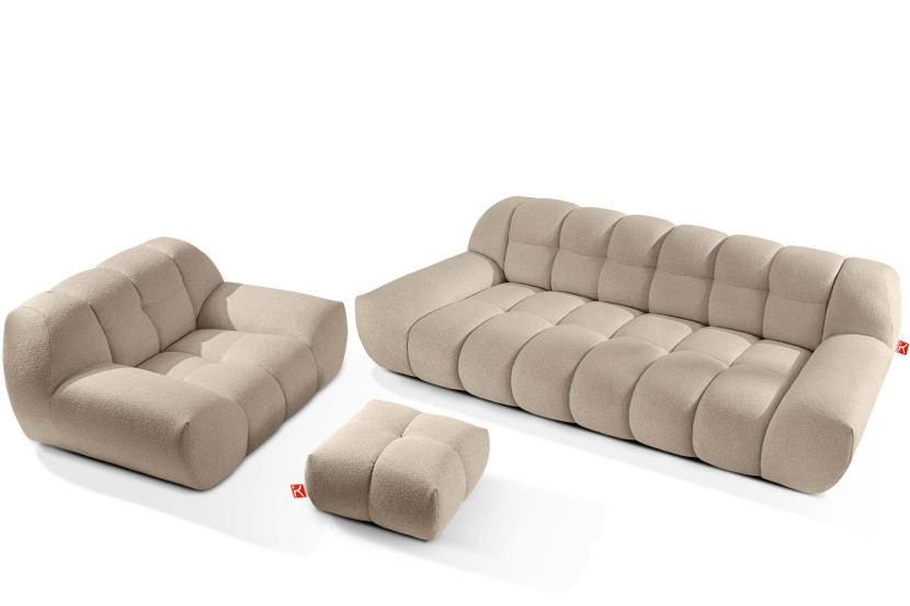 KONSIMO VENA Zestaw mebli sofa 3os. fotel i puf, japandi, tkanina boucle 792367