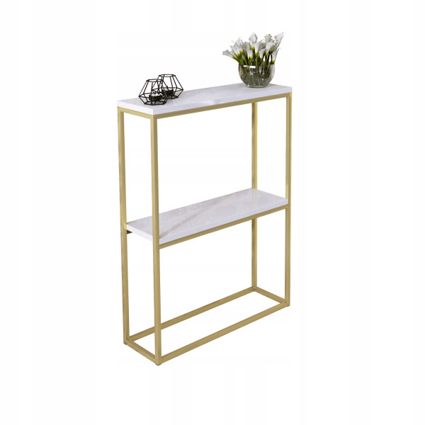 Konsola Podwójna Z Półką Przedpokój Loft 60x20x80 Złota+Blat Biały Połysk 903605