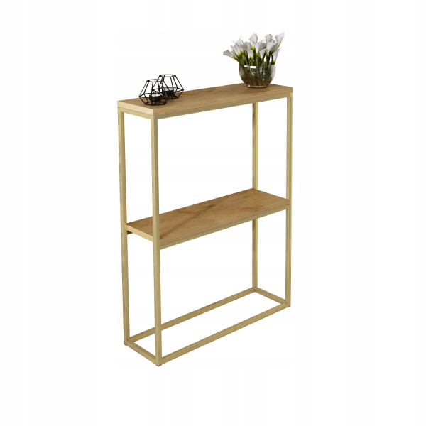 Konsola Podwójna Z Półką Przedpokój Loft 60x20x80 Złota+Blat Dąb Lancelot 903602