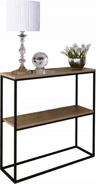 Konsola Podwójna Z Półką Przedpokój Loft 80x30h80 Czarna+Blat Dąb Lancelot 903597