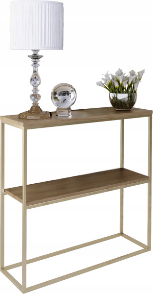 Konsola Podwójna Z Półką Przedpokój Loft 80x30h80 Złota+Blat Dąb Lancelot 903543